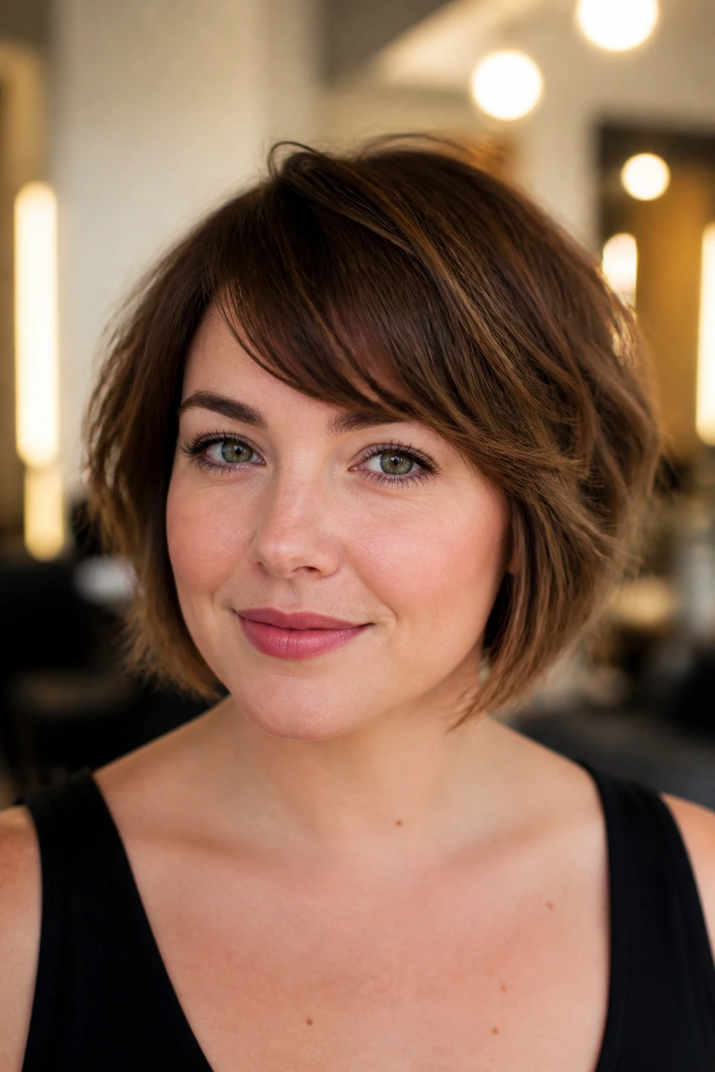 Close-up portrait of a real woman with short swoopy bangs on a round face, warm window light