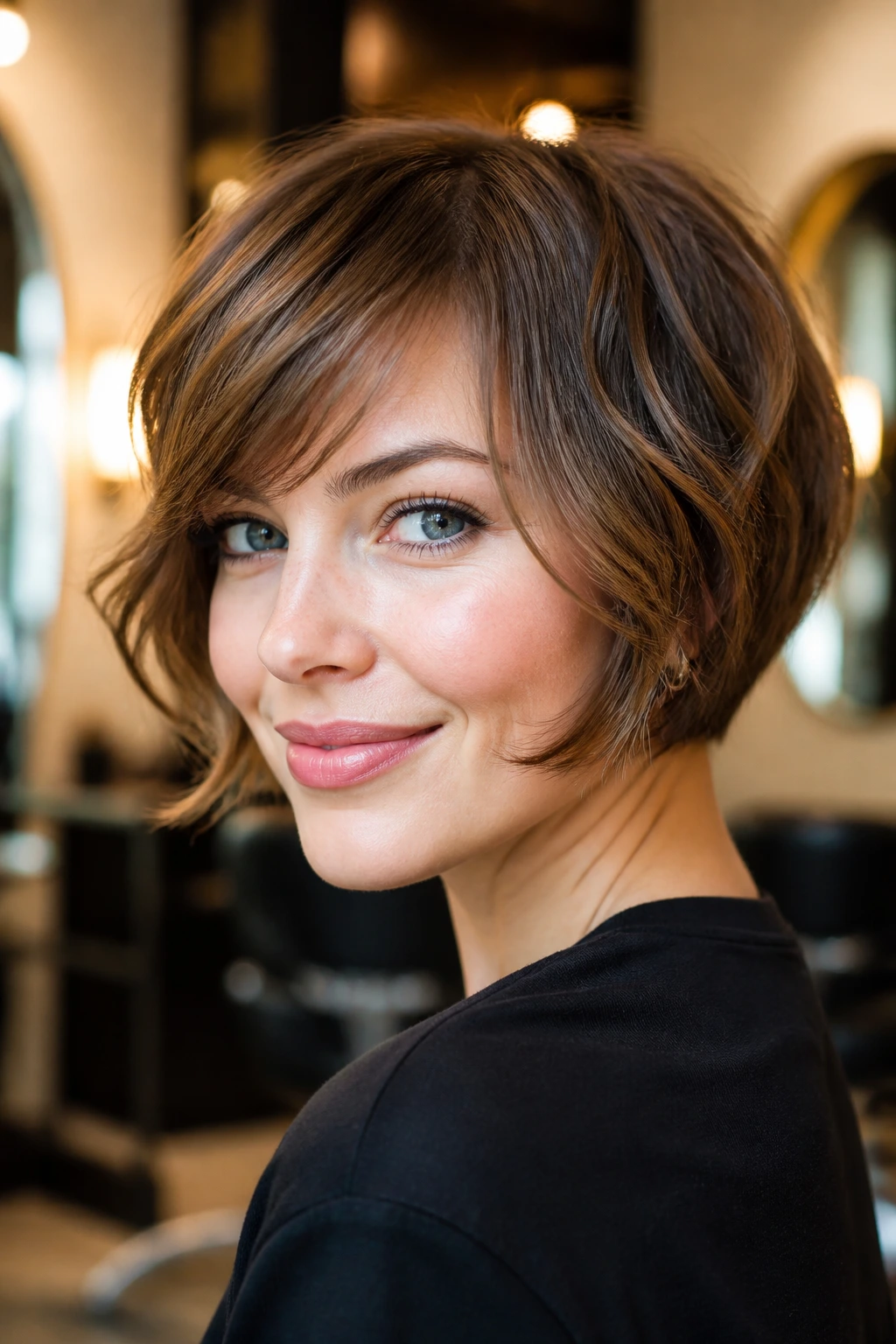 Close-up portrait of a real woman with swoopy bangs in a salon setting