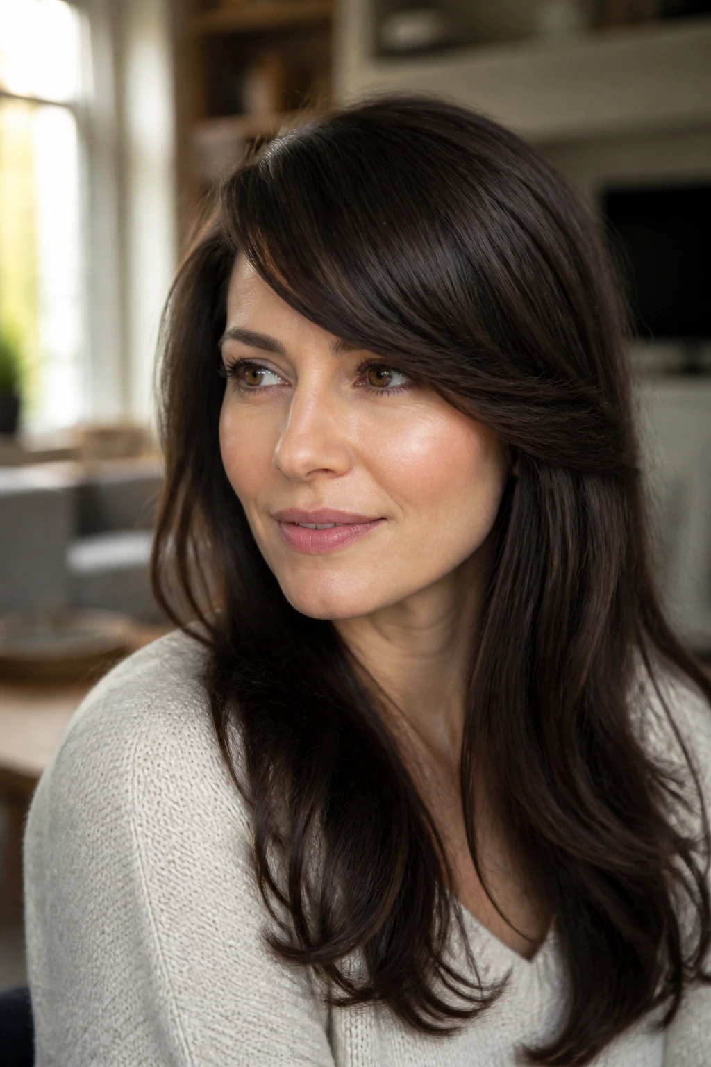 Close-up portrait of a real woman with swoopy bangs and deep side sweep