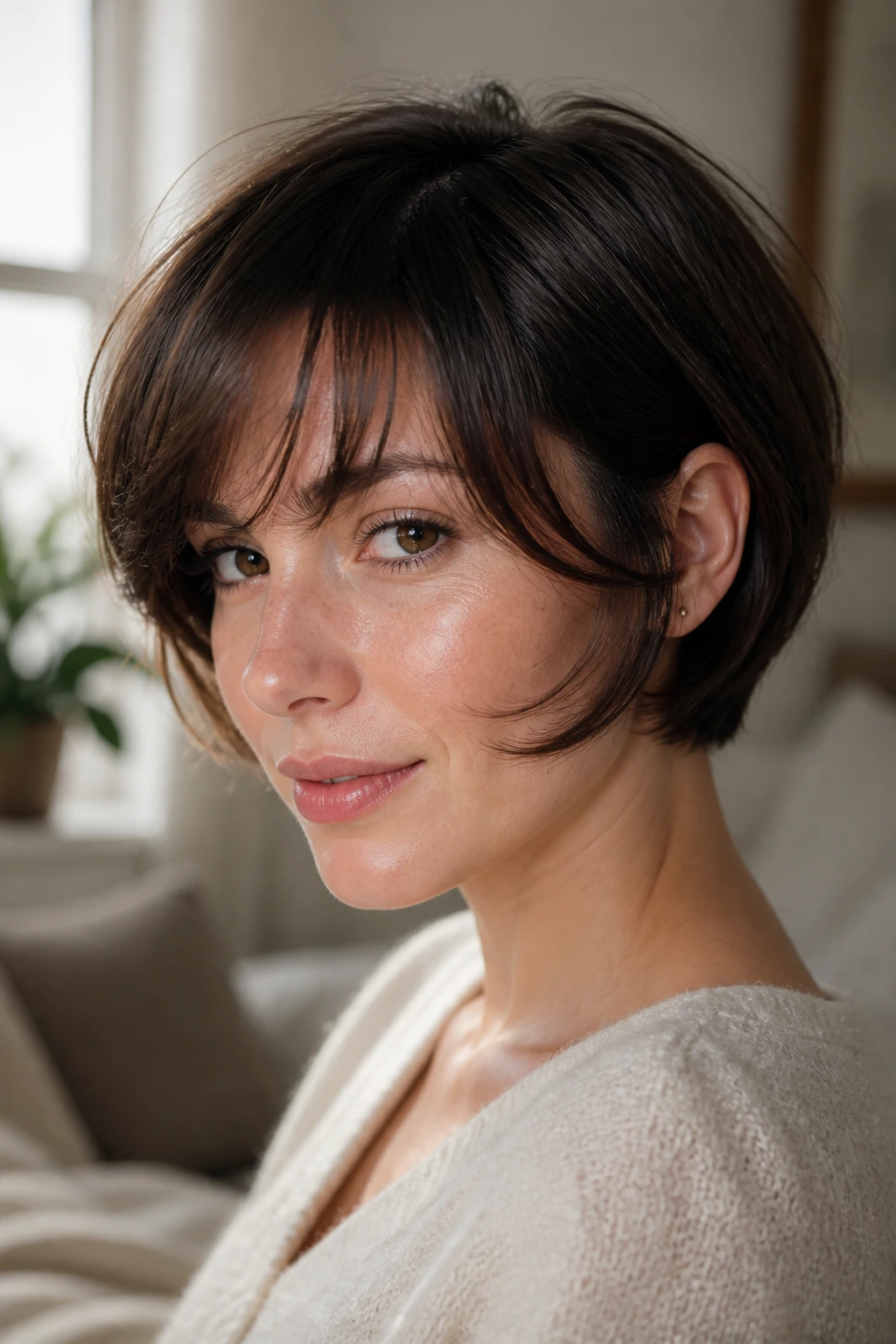 Close-up portrait of a real woman with swoopy bangs showing a soft, curved fringe in warm bedroom light