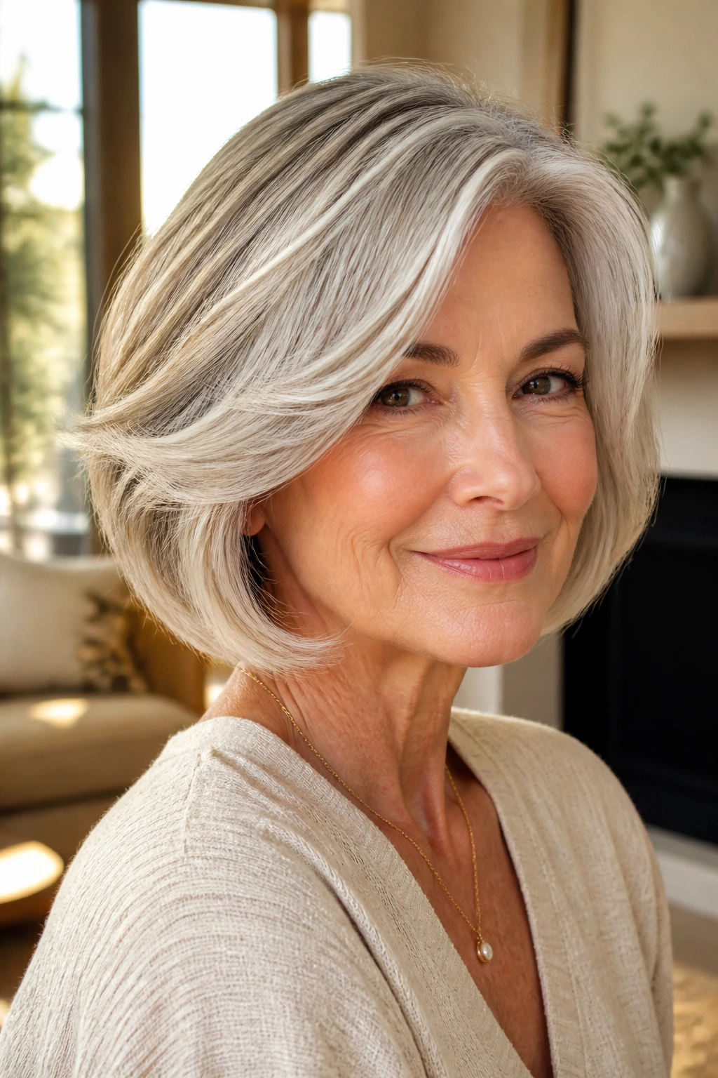Portrait of a woman with a swoopy bob and face-framing layers