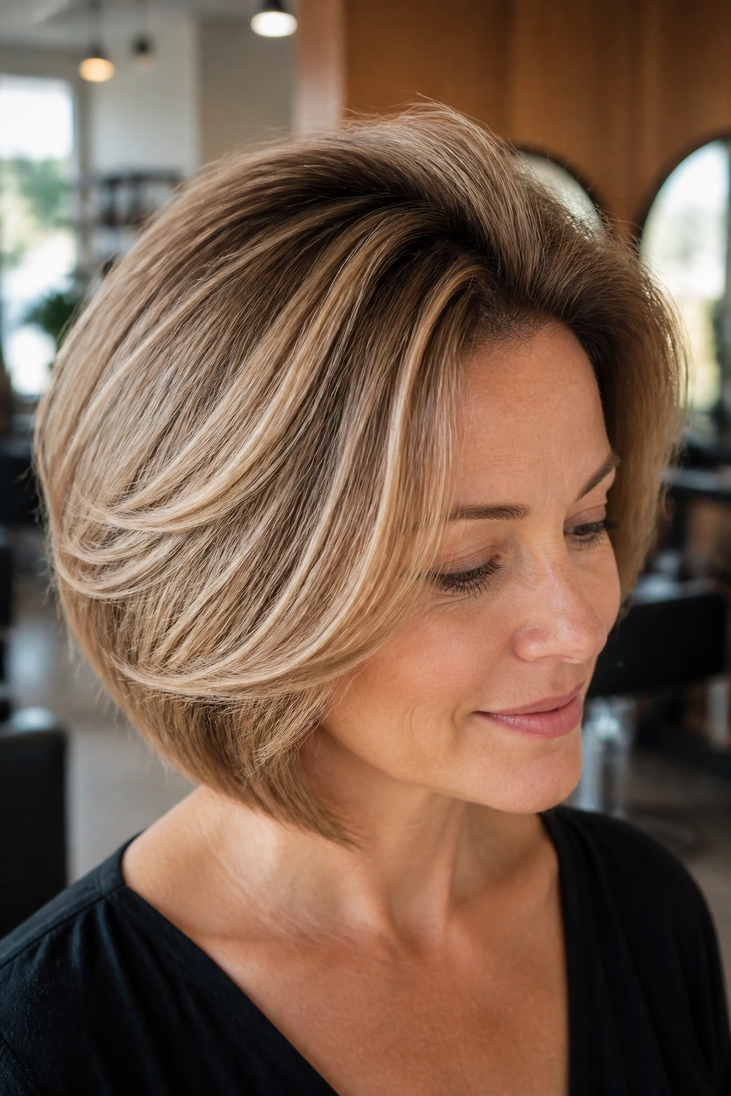 Close-up of a real woman with swoopy crown layers creating crown lift in a sunlit salon.