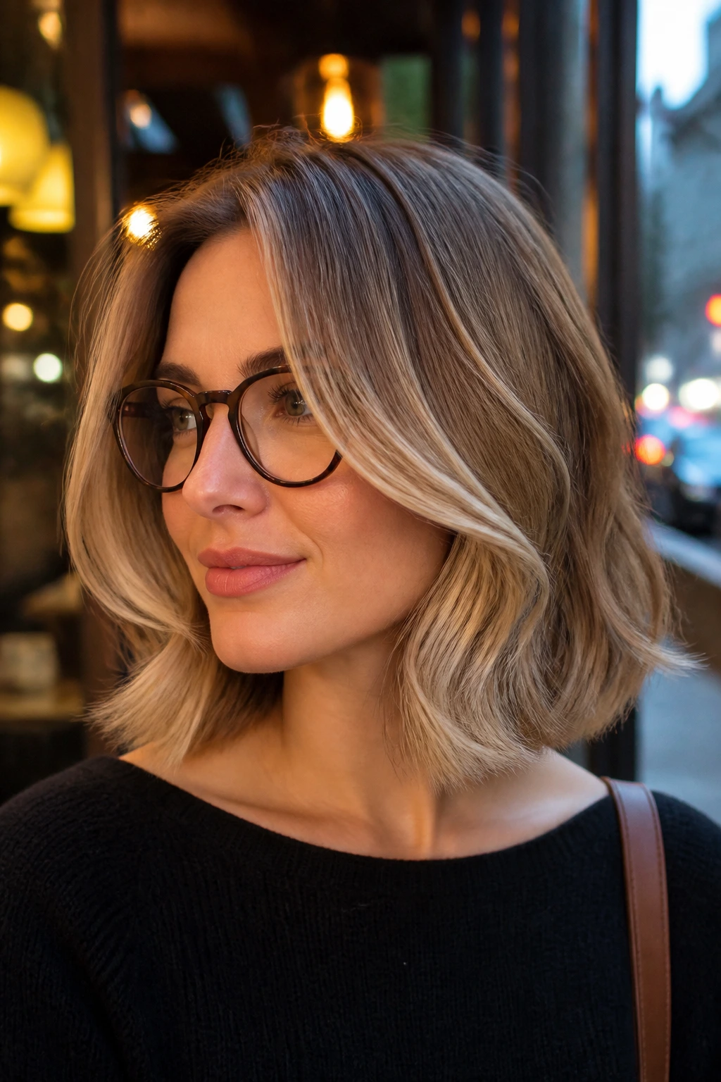 Close-up of a real woman with The Swoopy Face-Frame Lob showing front swoop around the cheekbone