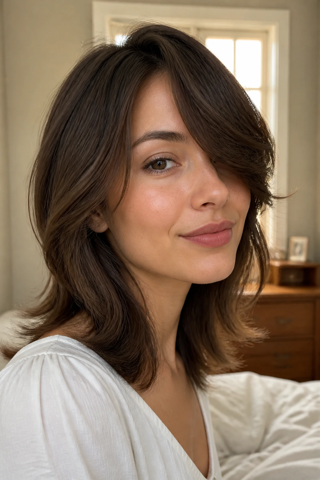 Close-up of a real person with swoopy face-framing fringe on medium-length hair