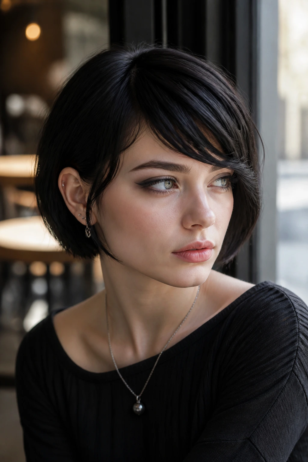 Medium close-up of a swoopy side fringe on a French bob