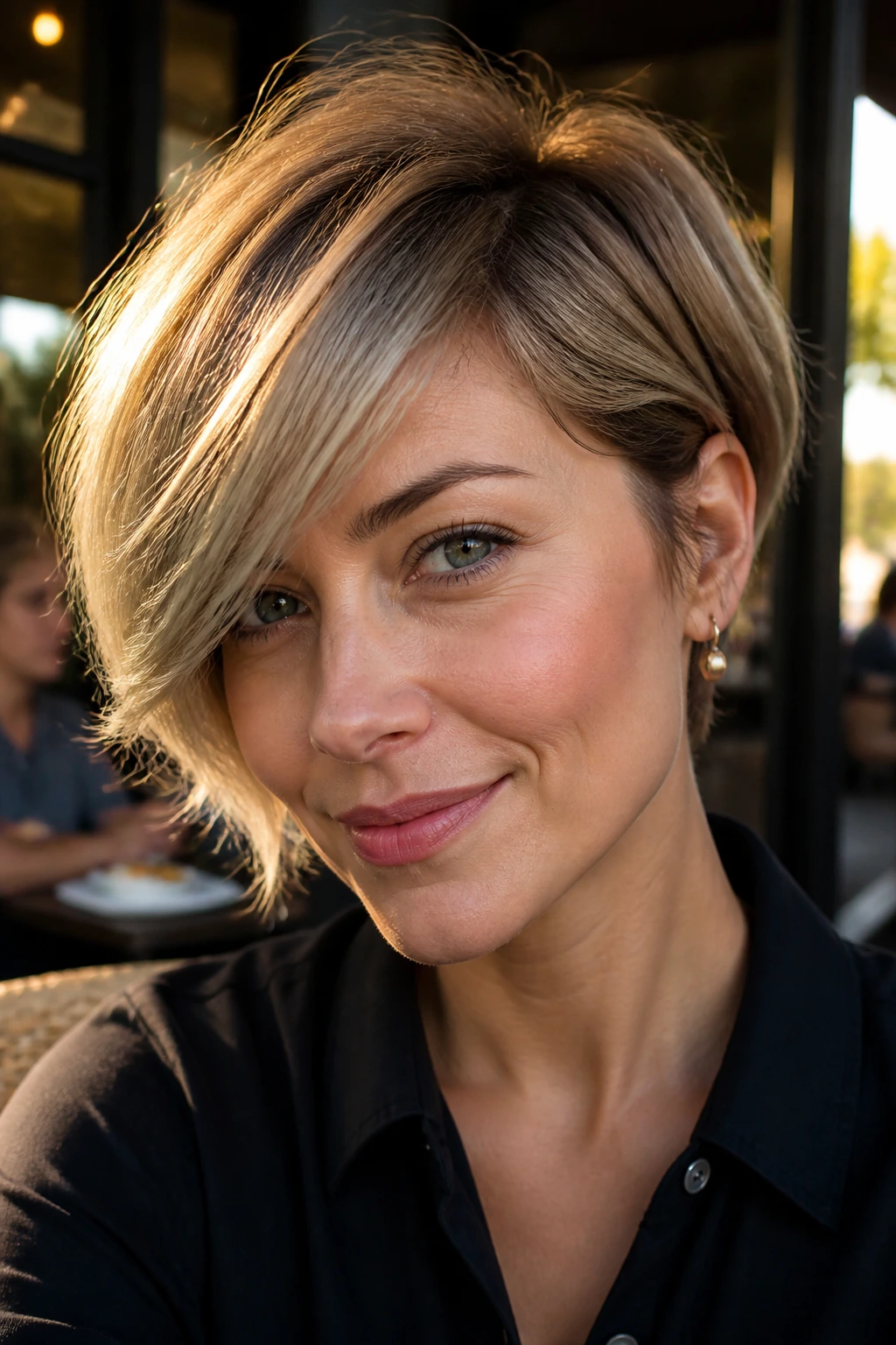 Portrait of a woman with a swoopy layered crop and diagonal face-framing sweep.