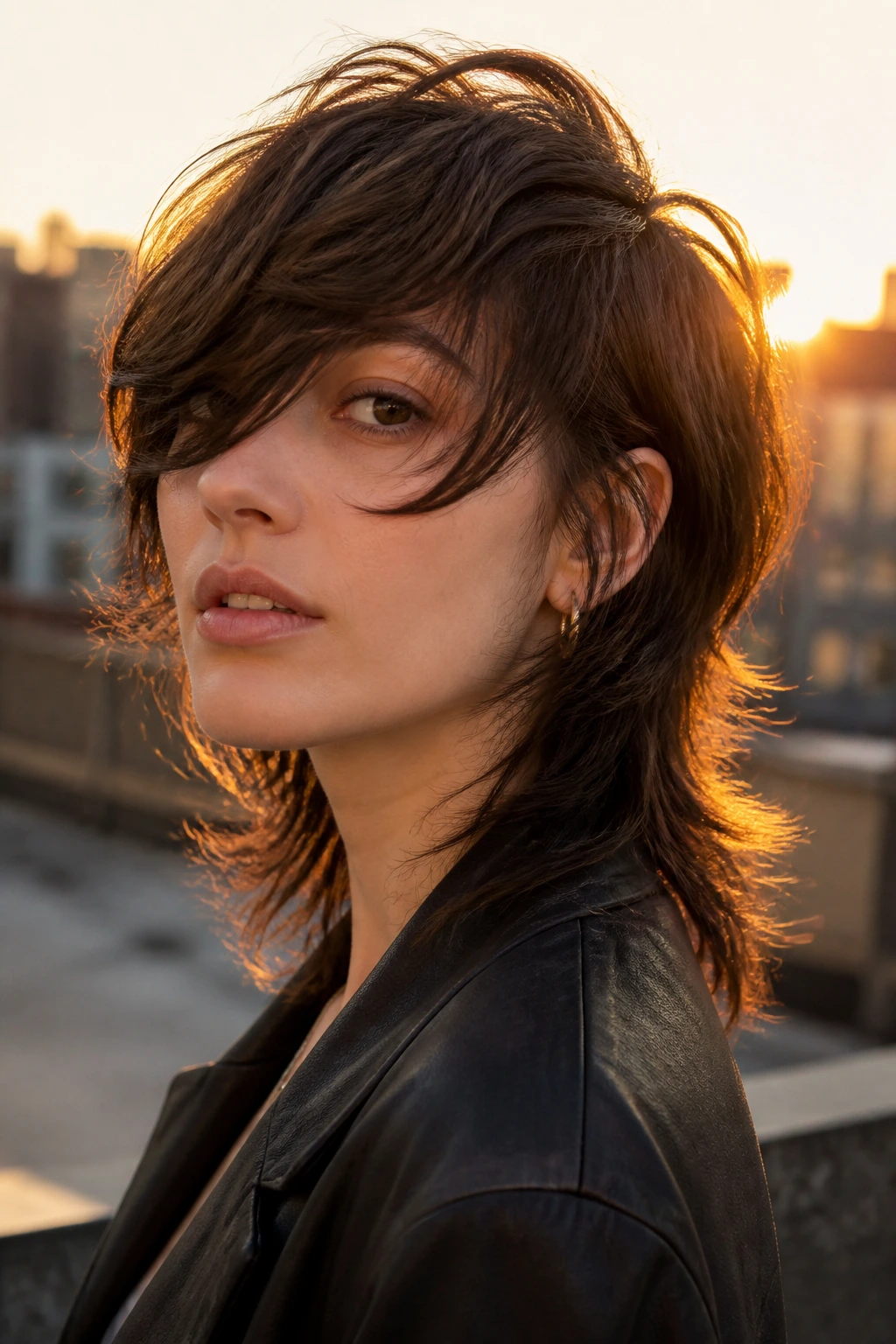 Close-up portrait of a real person with a swoopy layered mullet sweeping across the face.