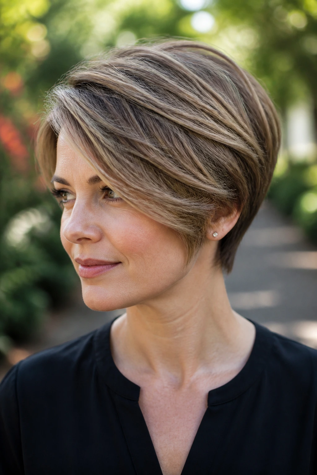 Close-up of swoopy layered pixie bob with directional movement on a real person