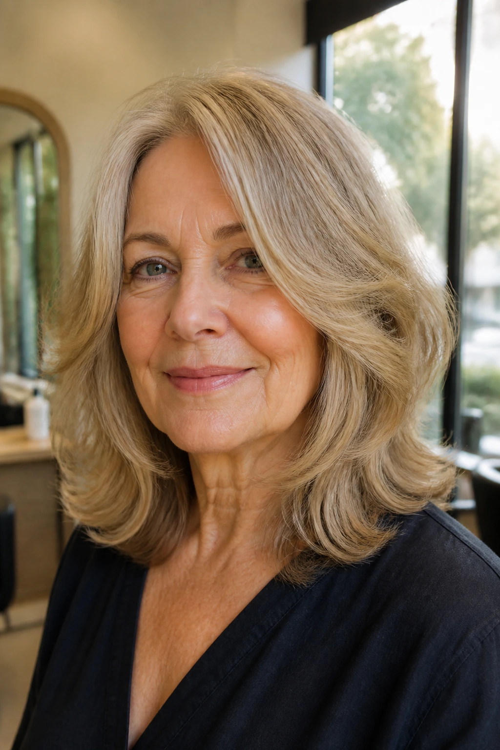 Close-up portrait of a real woman with shoulder-length swoopy layers curved away from the face.
