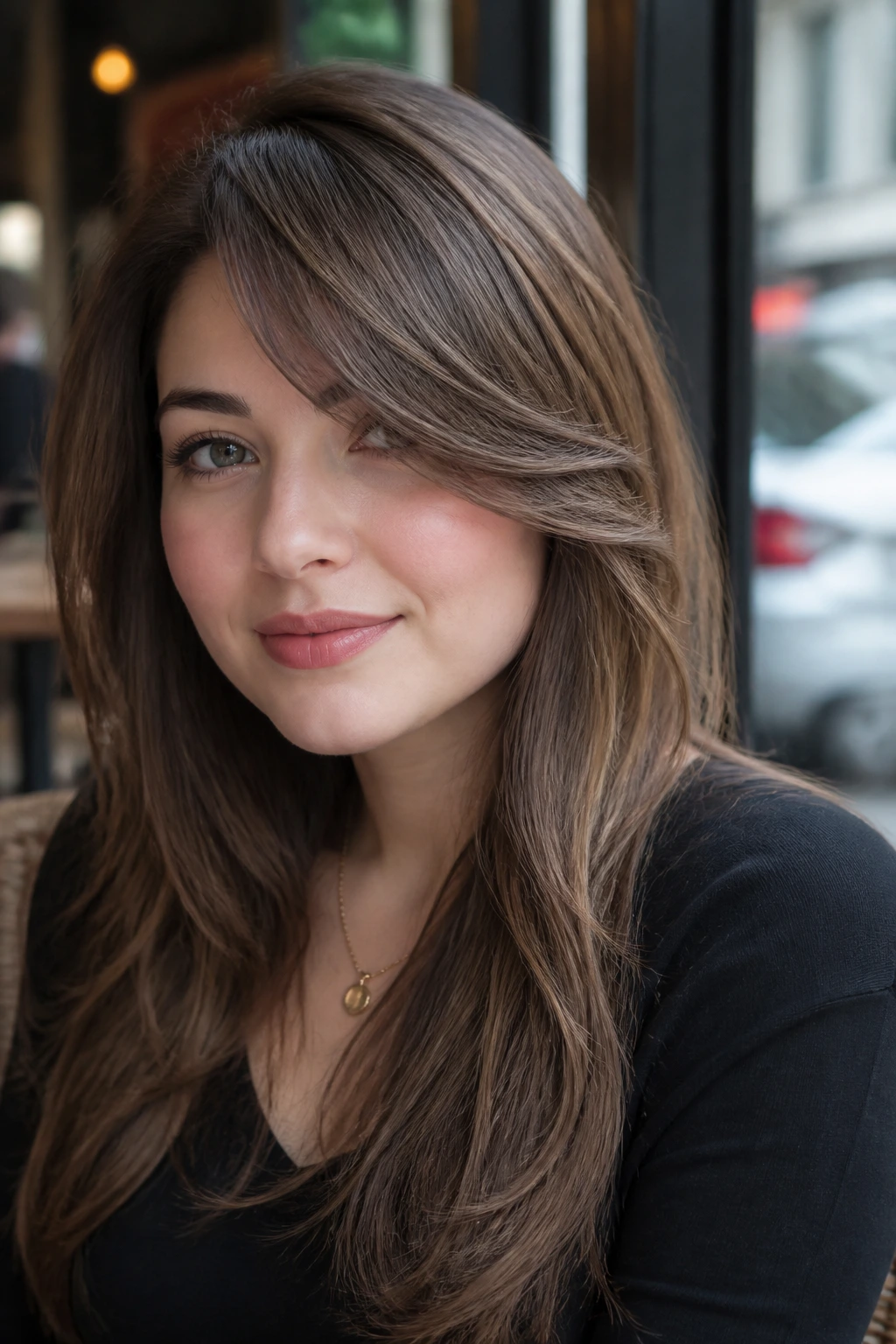 Close-up of a real woman with swoopy side layers resembling a fringe