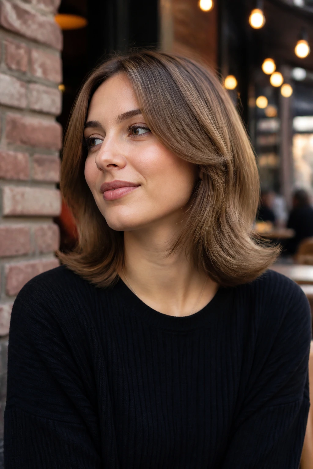 Shoulder-length real woman with swoopy midlength flip