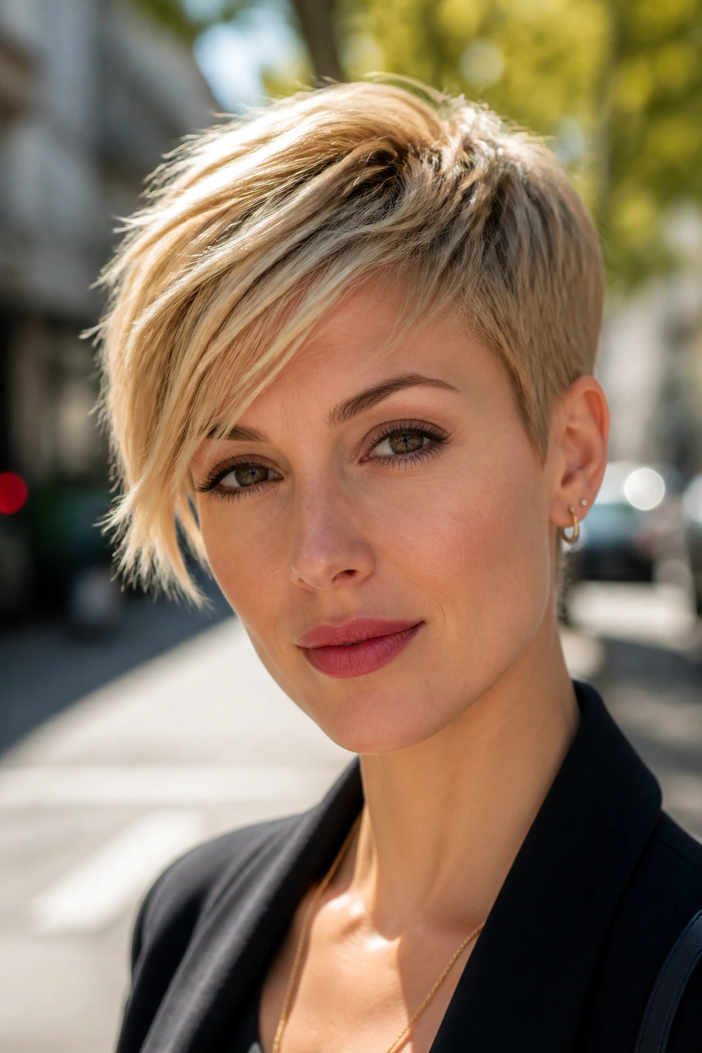 Portrait of a real person with a swoopy front pixie sweeping across the forehead