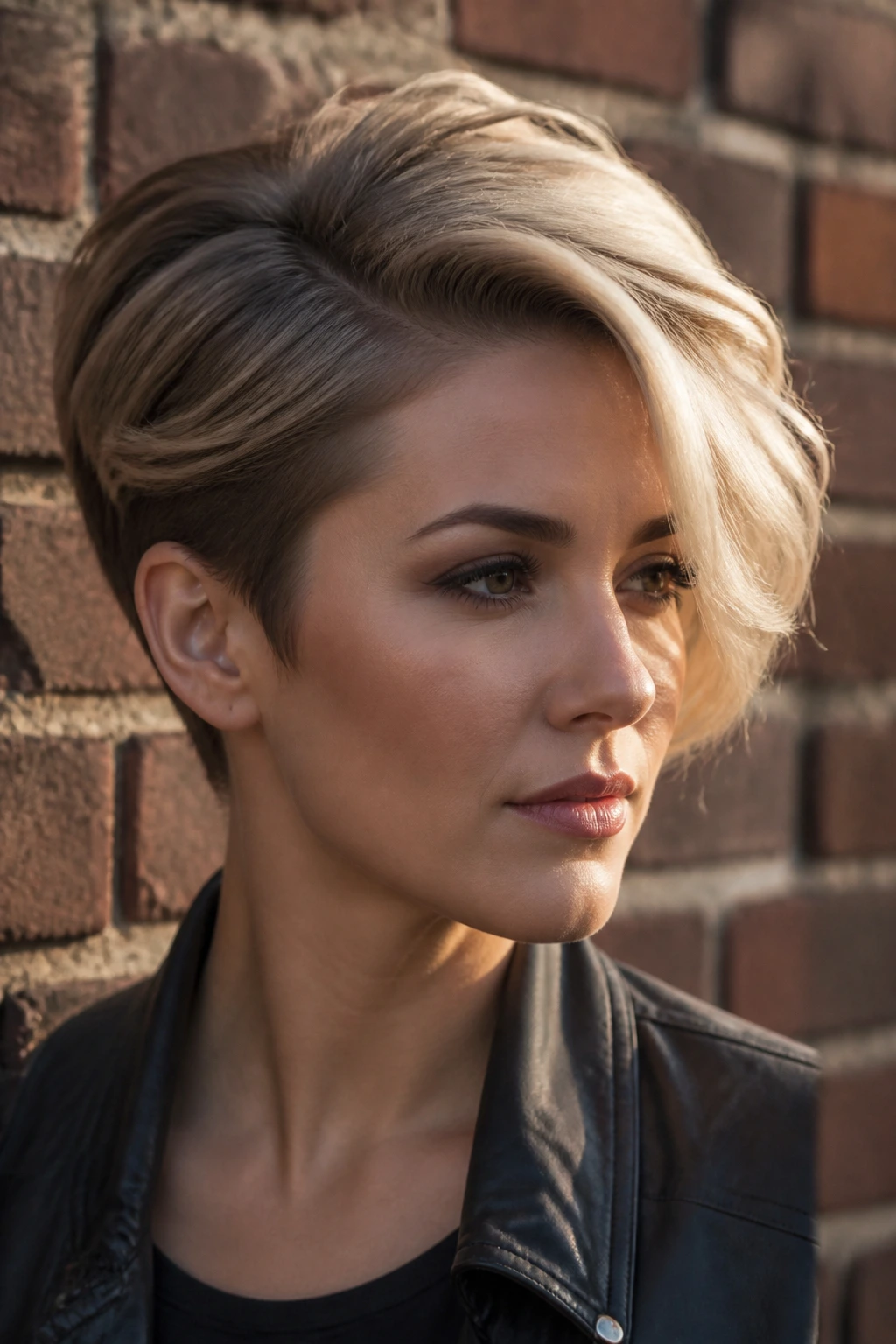 Close-up of a real person with a swoopy side-part pixie against a brick wall backdrop.
