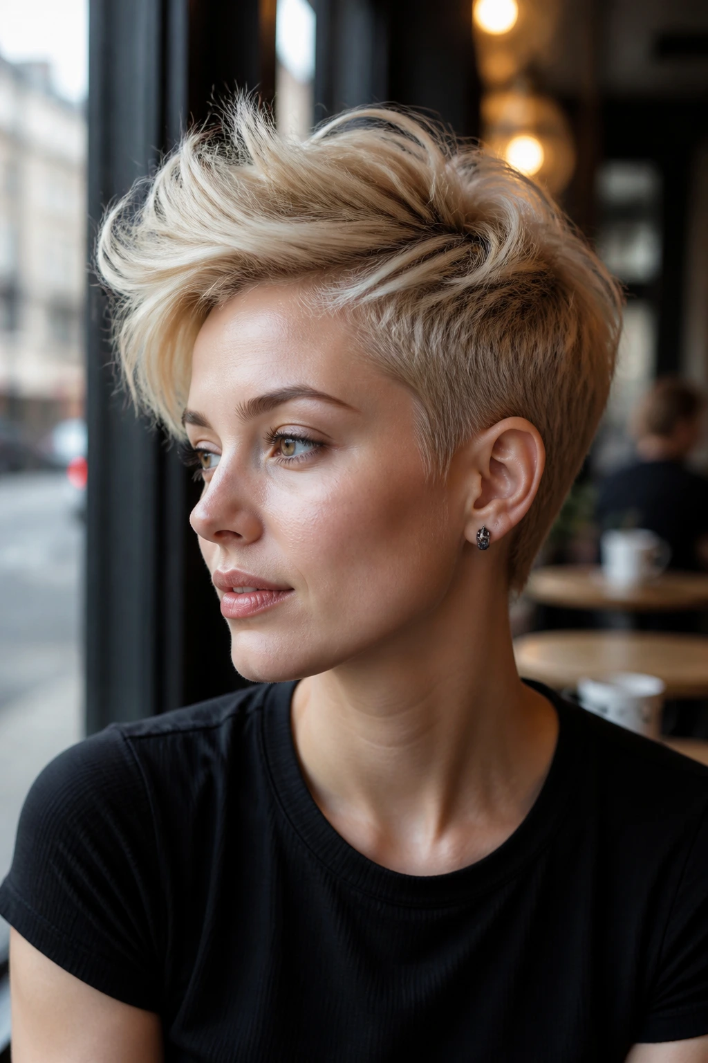 Medium close-up portrait of a real person with a swoopy quiff pixie, front swept to the side.