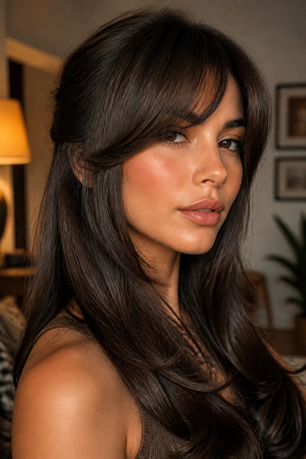 Close-up of a real woman with swoopy retro fringe and polished ends