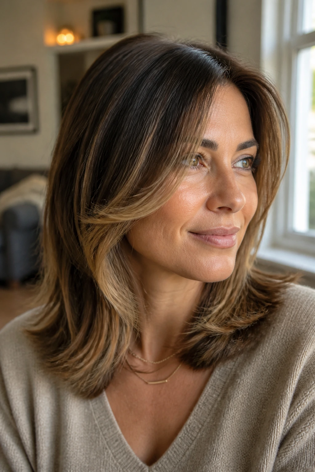 Close-up portrait of a woman with a swoopy shoulder-length cut and soft front layers.