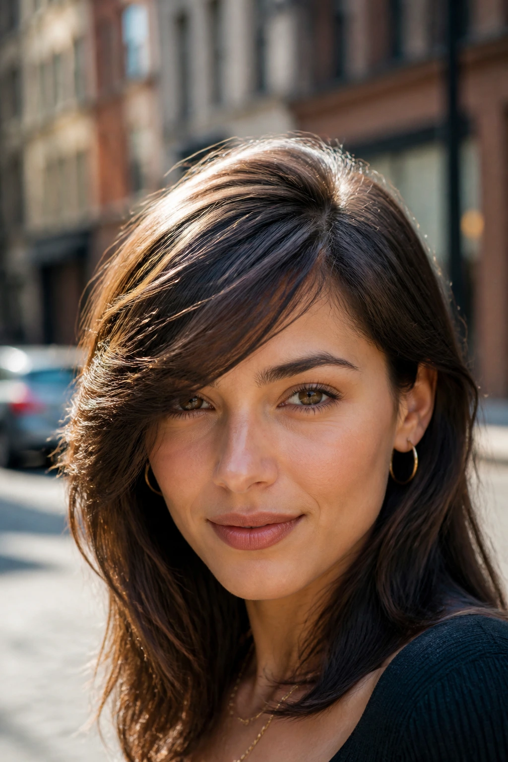 Close-up of a real woman with swoopy side bangs sweeping across the forehead in natural light