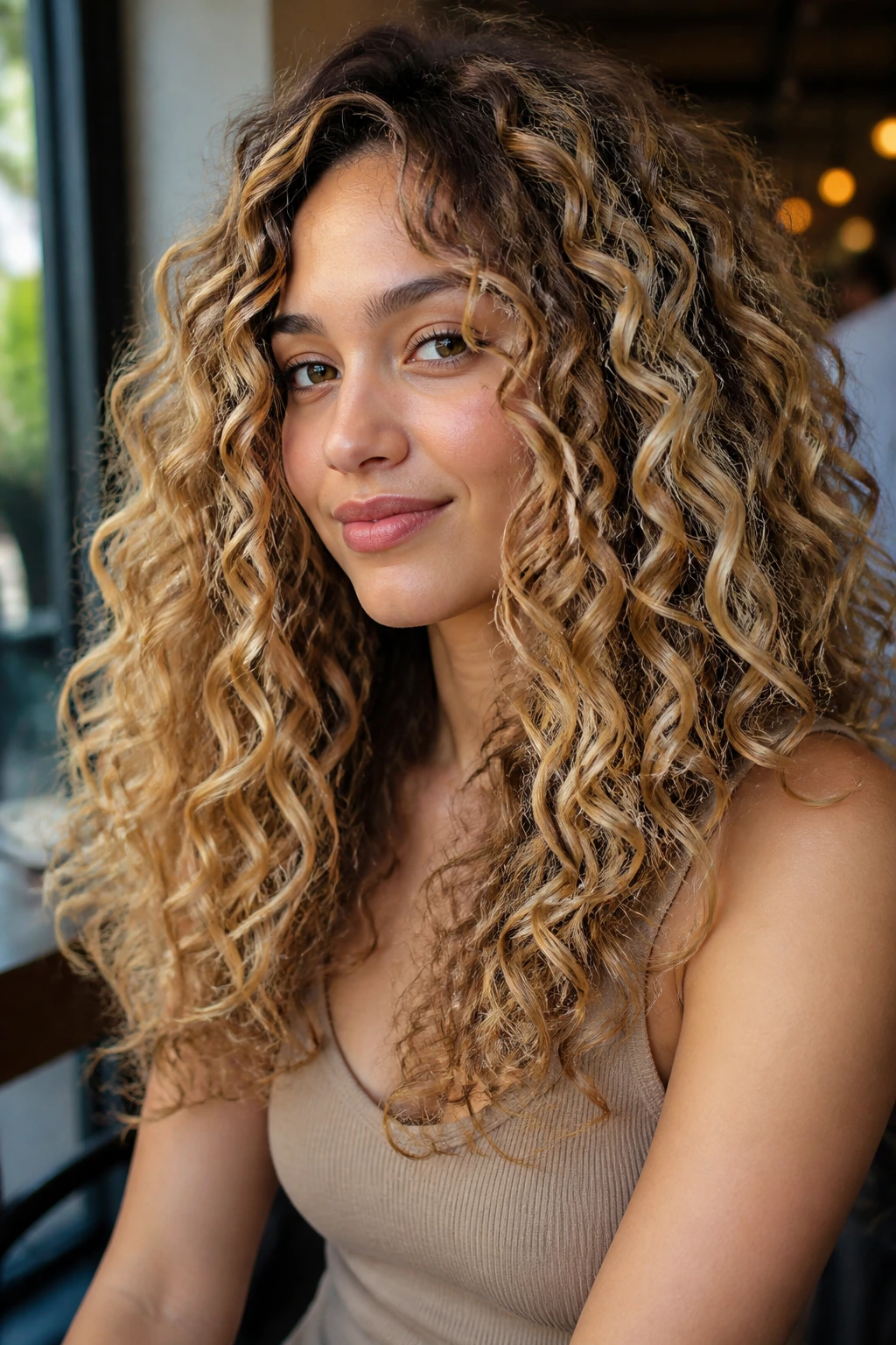 Close-up of a real woman's curly hair with taffy blonde ribbon balayage showing vertical color ribbons