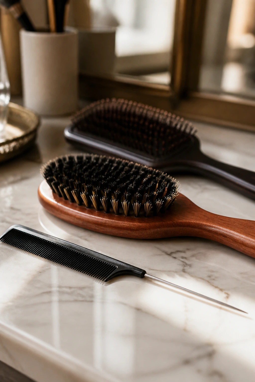 Close-up of tail comb and brushes on a marble vanity, tools in sharp focus