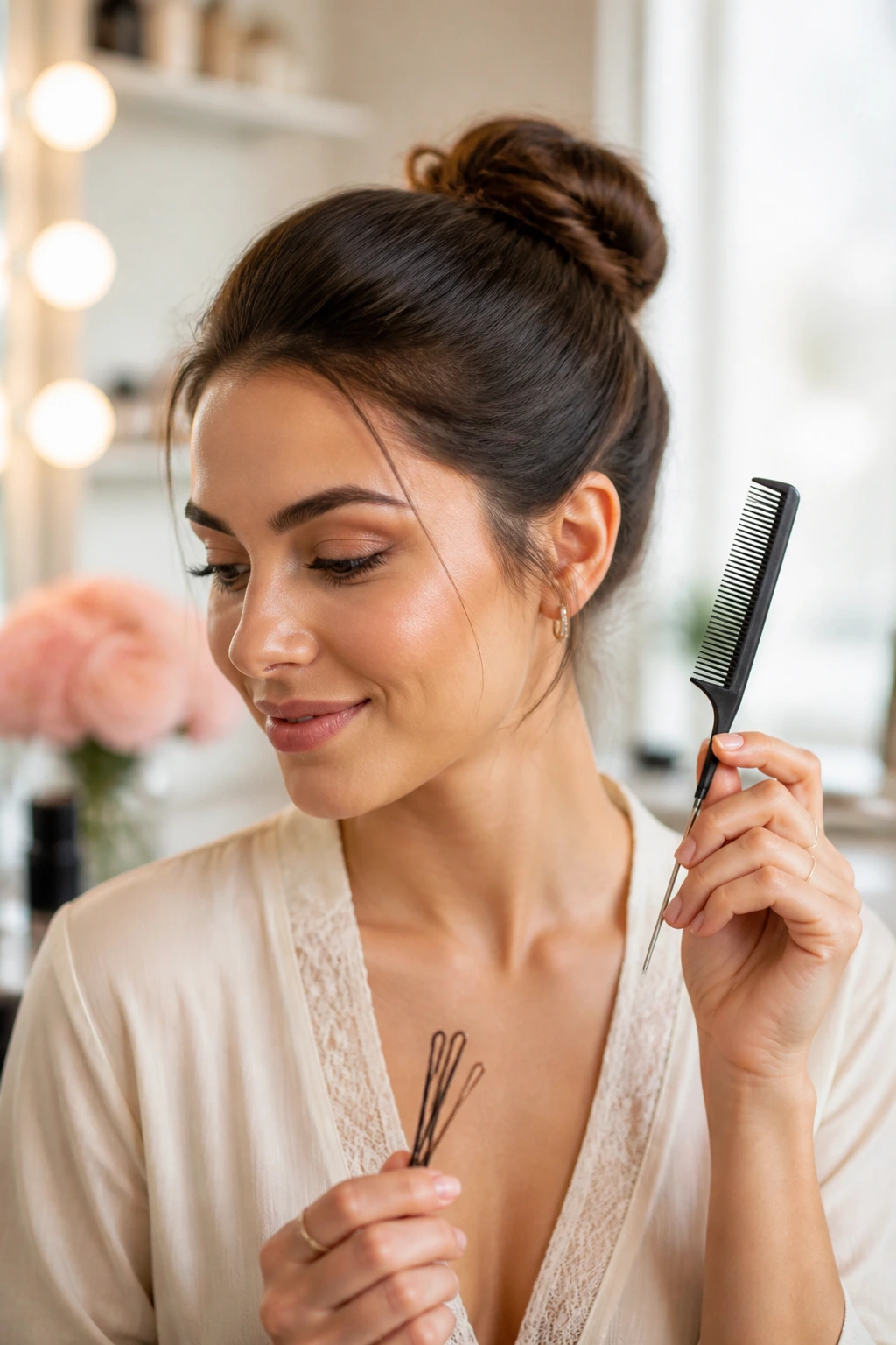Medium close-up of a real woman with bun and visible tools in hand
