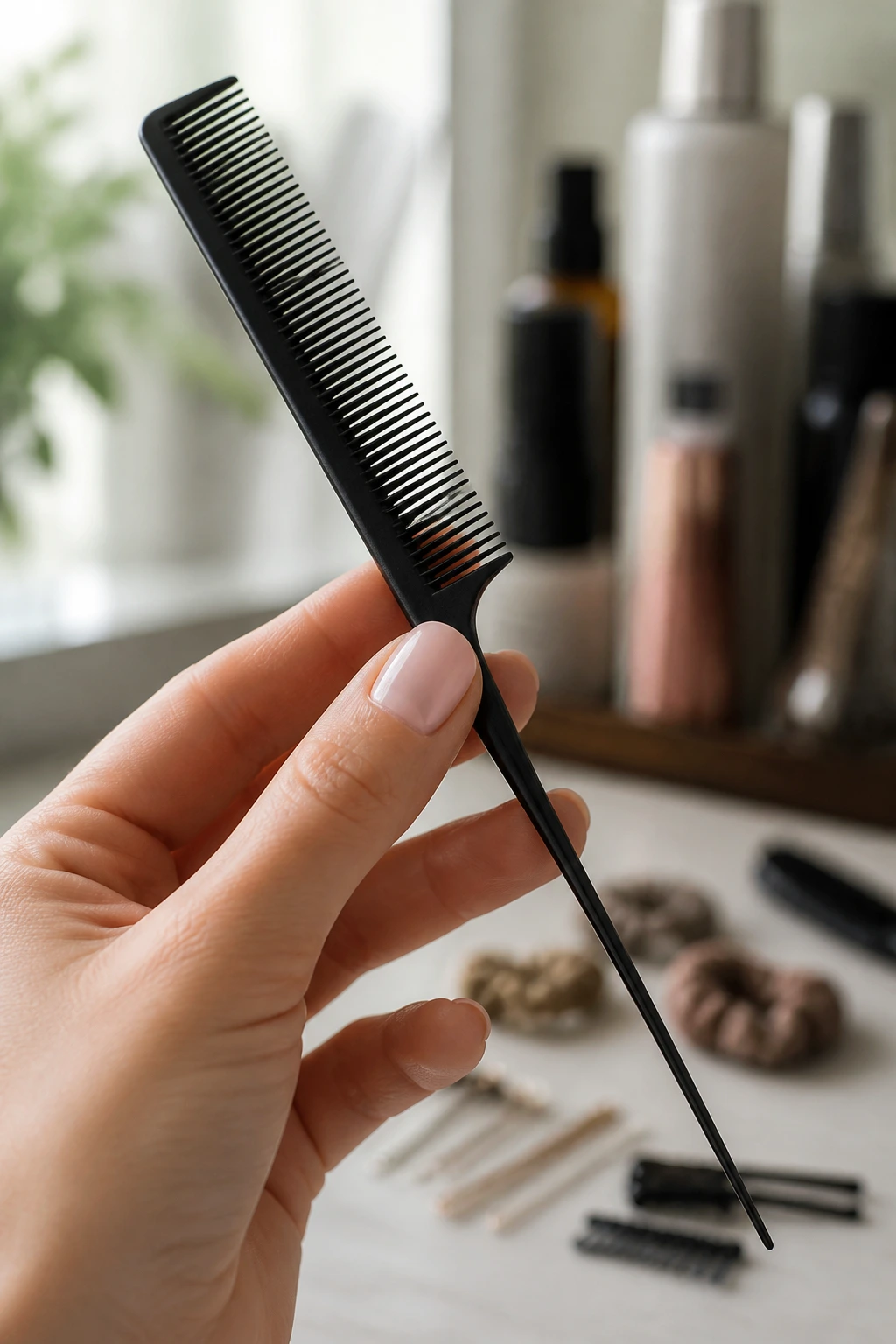 Macro close-up of a tail comb with hair-styling background blur