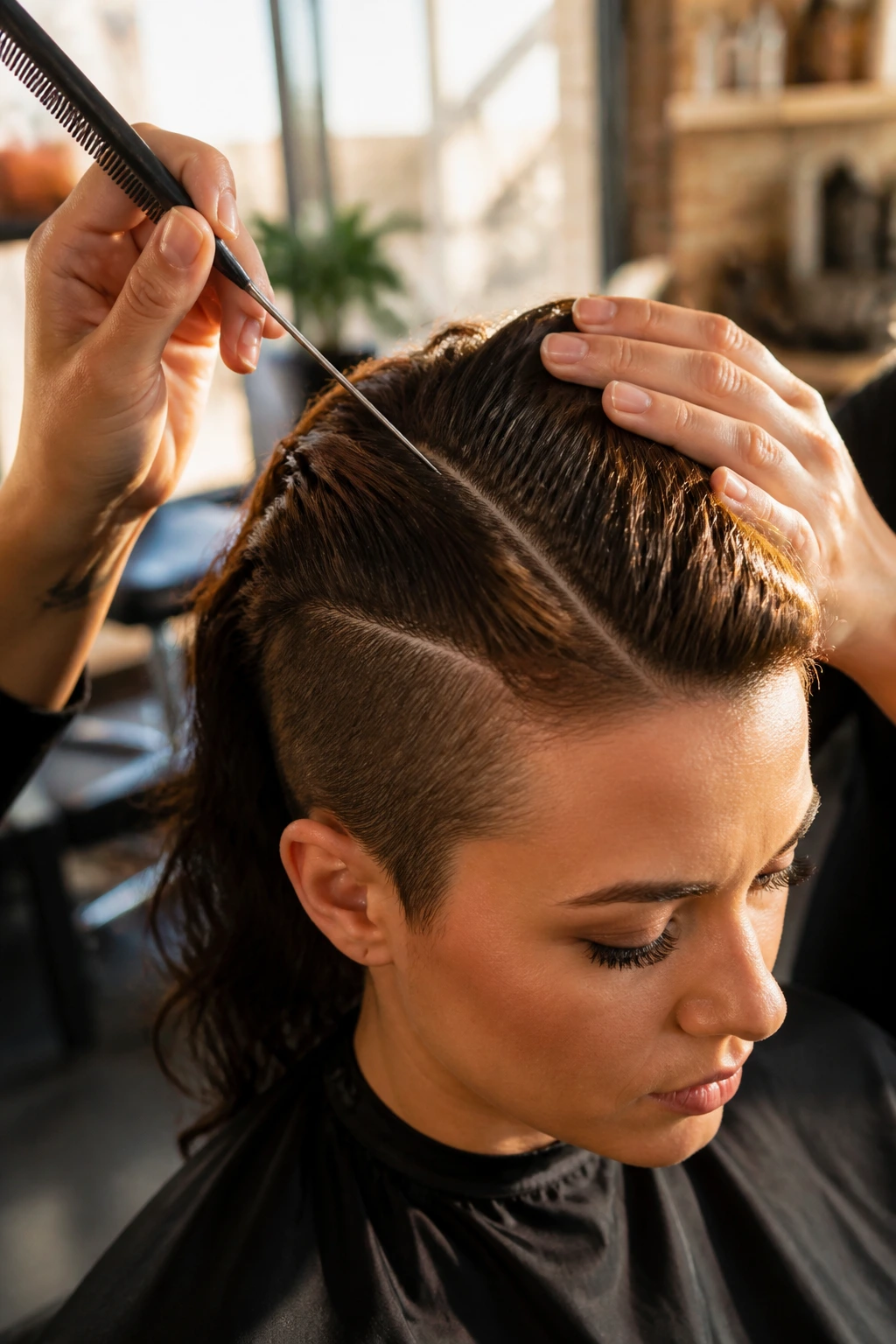 Close-up of a tail comb shaping the center strip on a real person's hair in a salon.