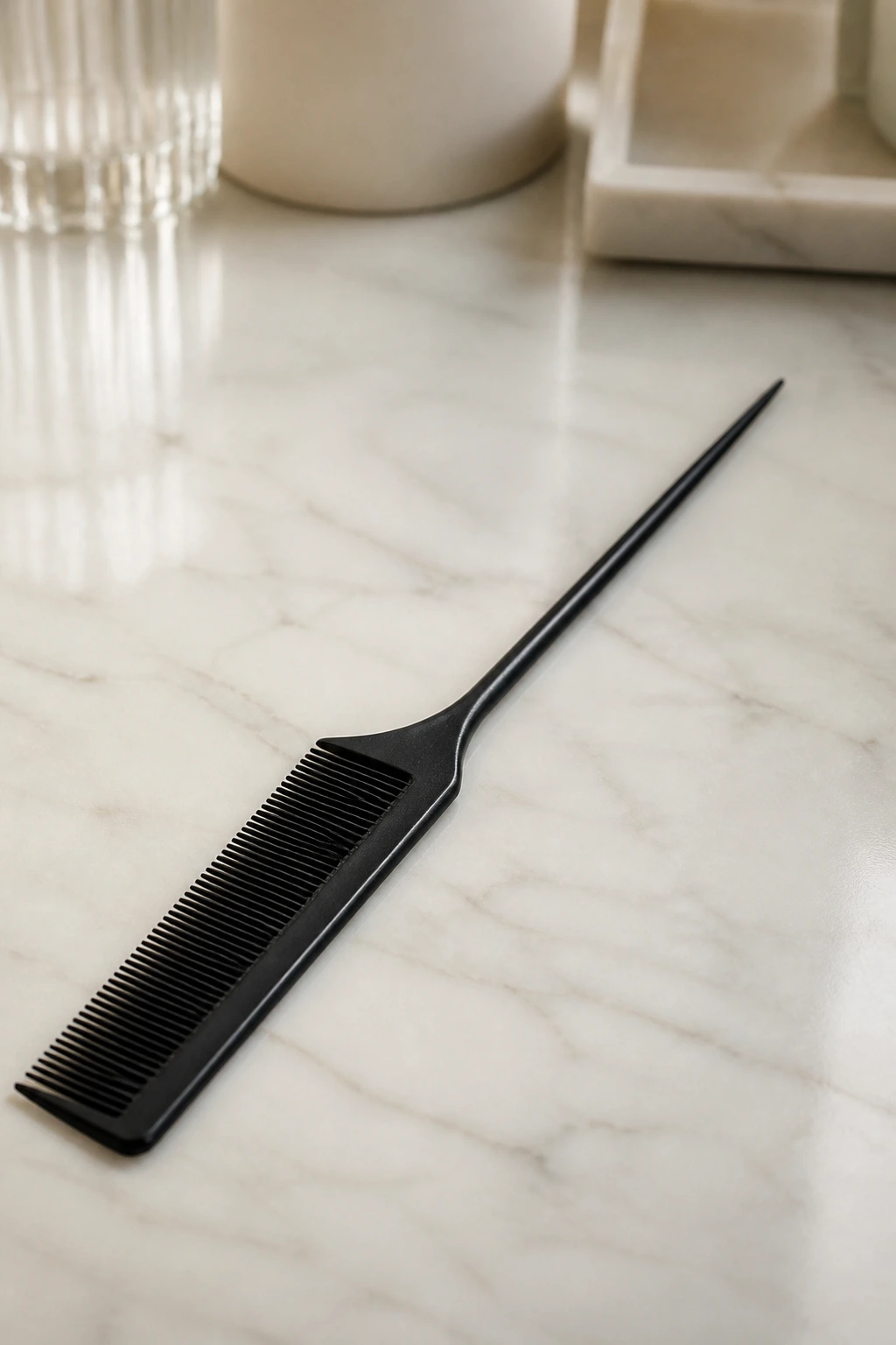 Close-up of a tail comb on a bathroom vanity under soft light