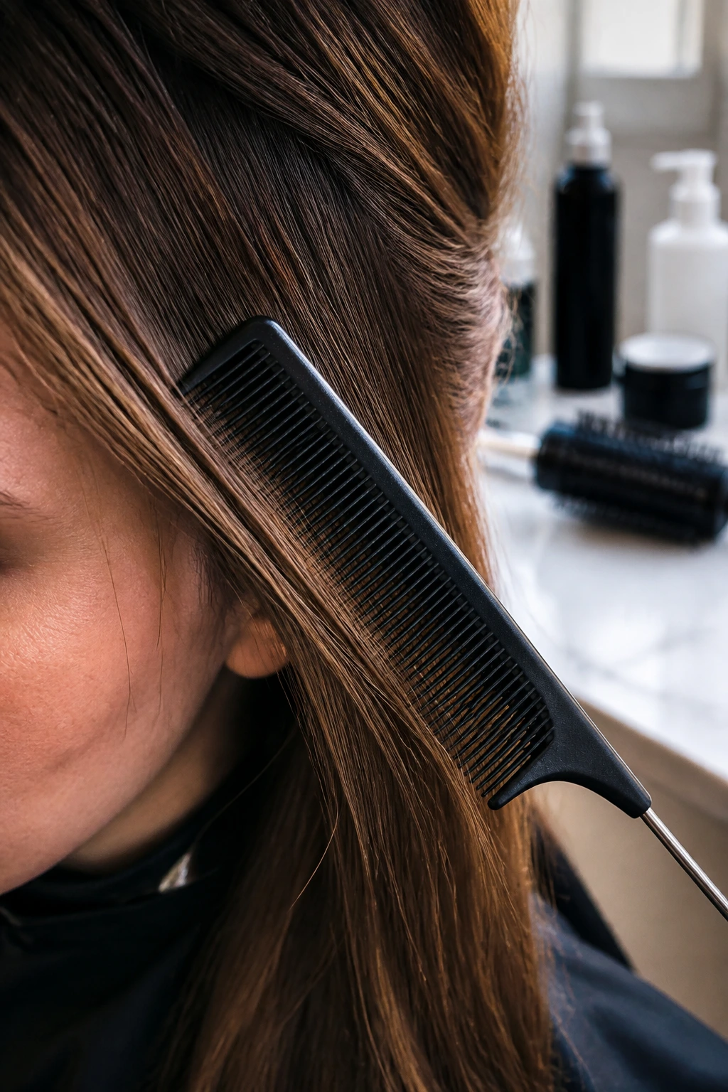 Close-up of a fine-tooth tail comb on hair in a bathroom setting