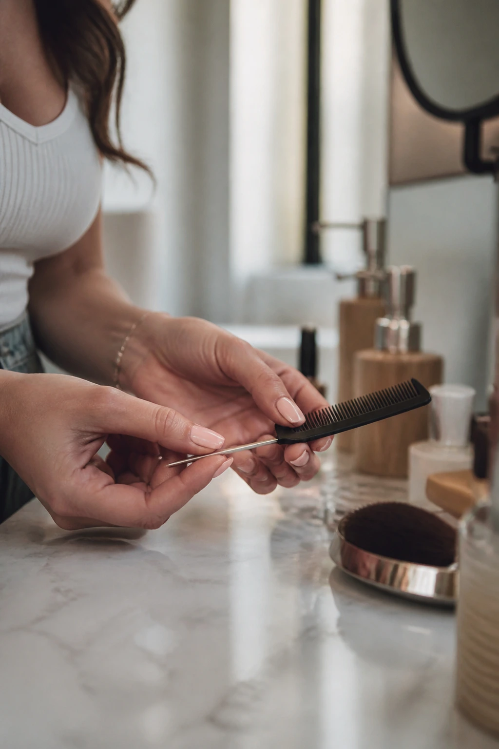 Hands selecting a tail comb from a vanity for styling