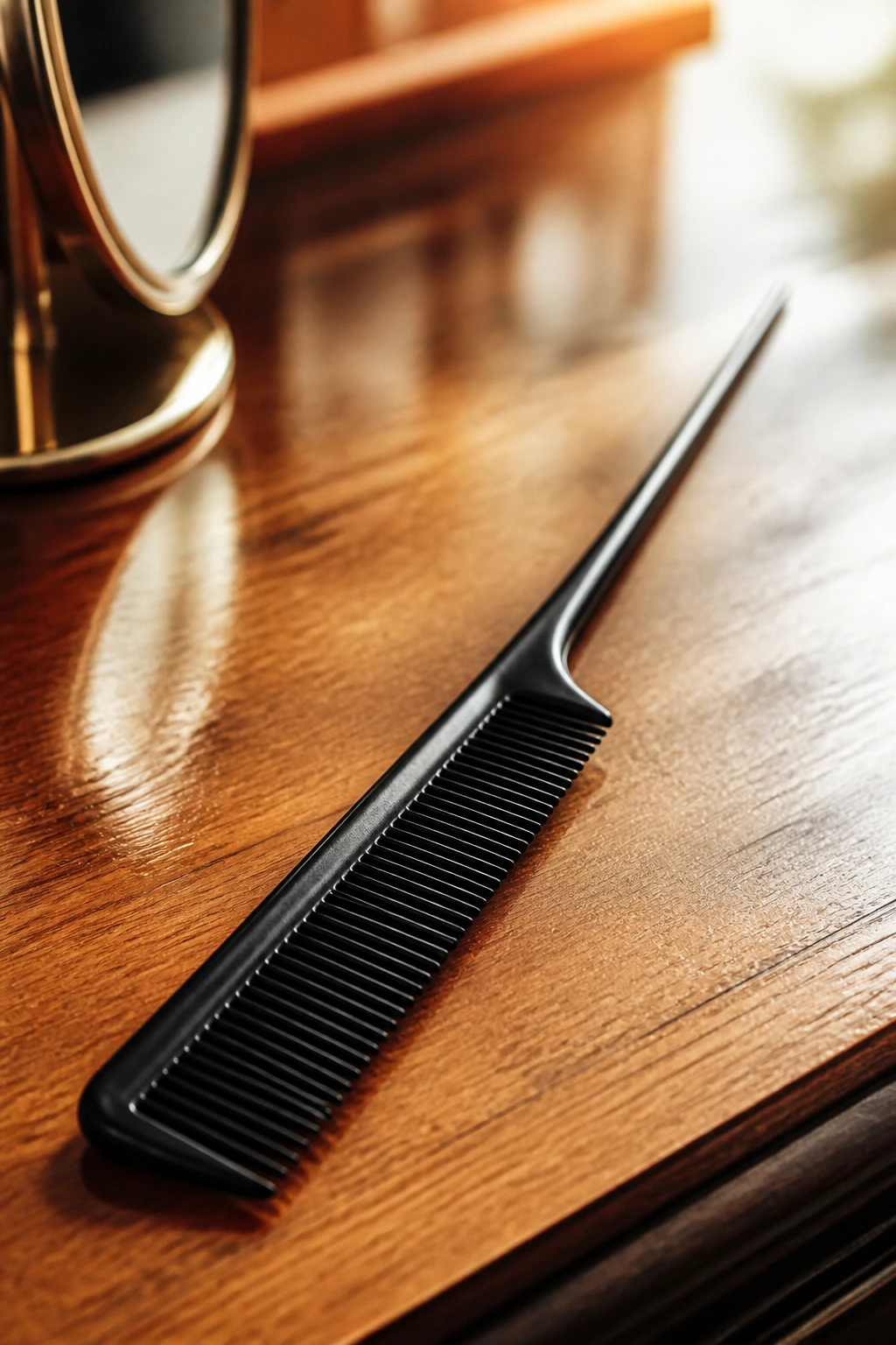 Close-up of a slim tail comb on a wooden vanity