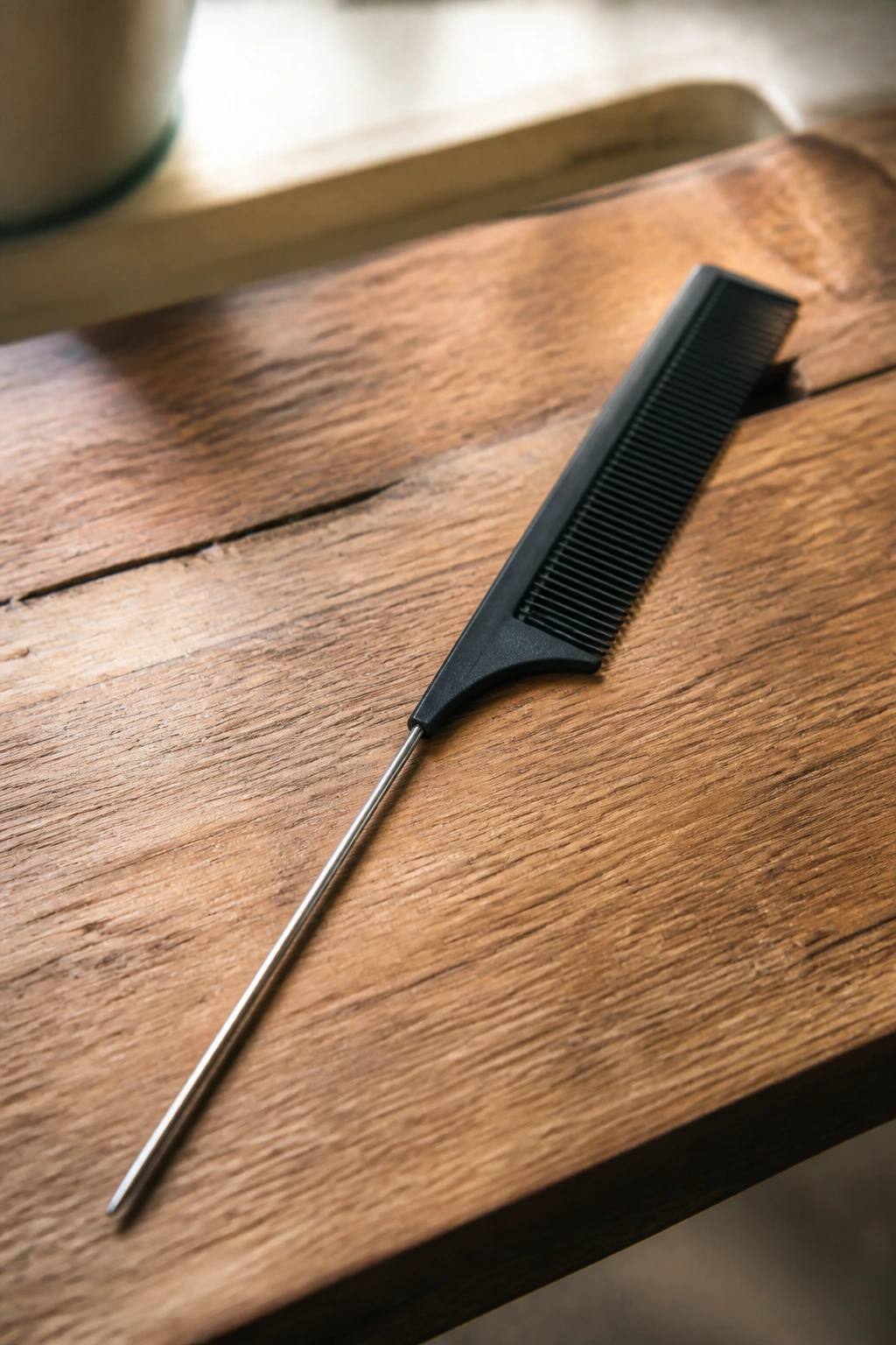 Close-up of a tail comb on a wooden surface in soft light