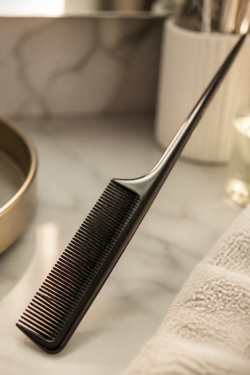 Macro close-up of a tail comb on a bathroom vanity