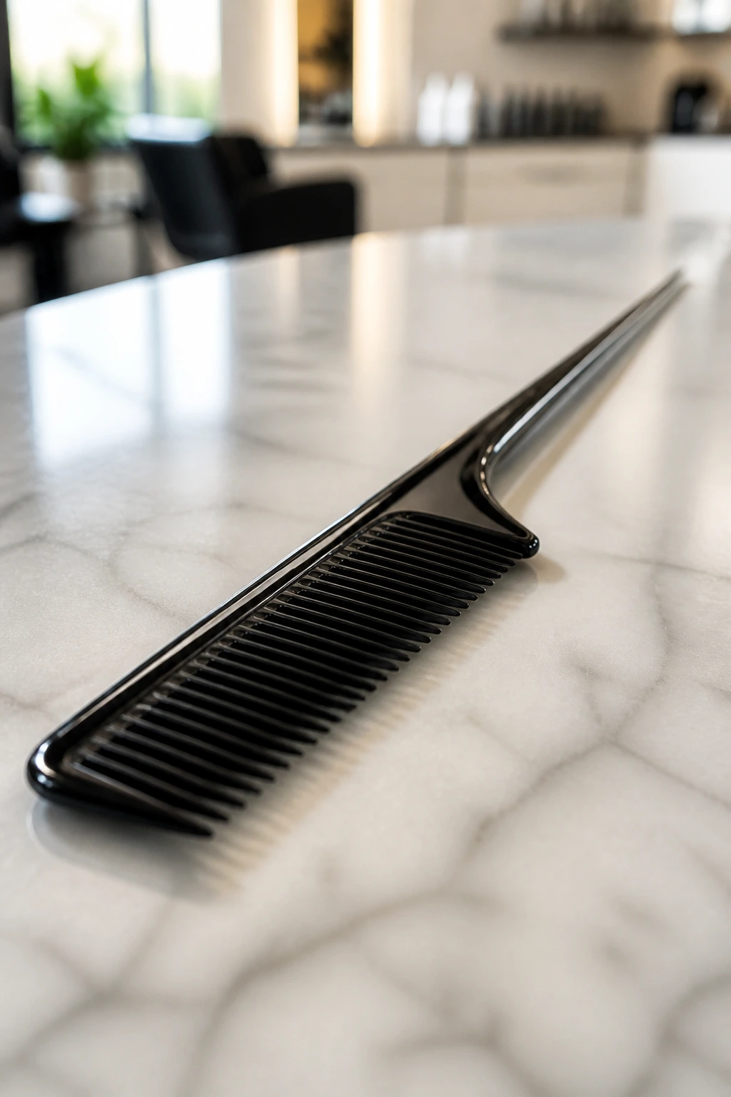 Close-up of a tail comb on a vanity with salon background, dominant as the subject