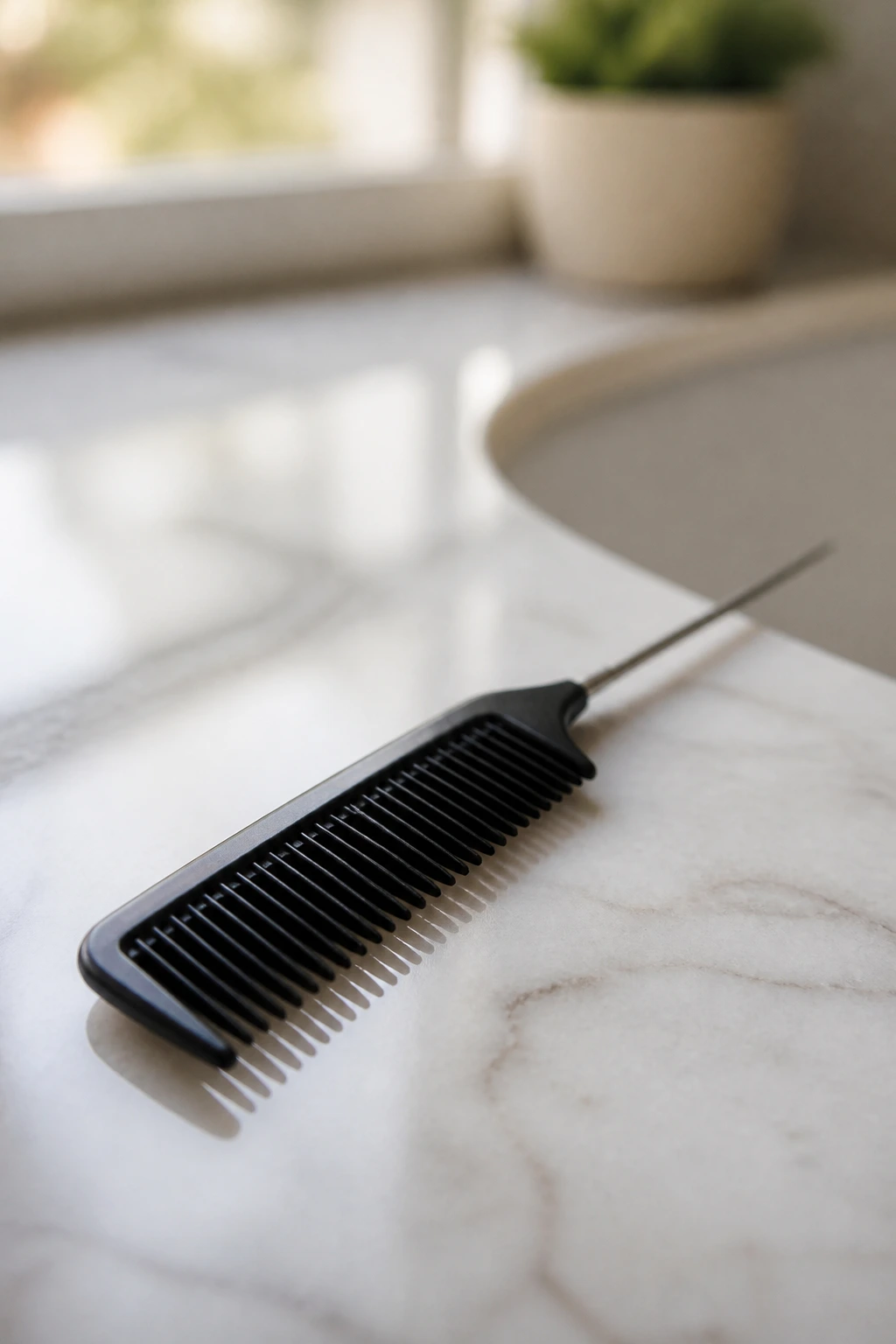 Close-up of a tail comb on a bathroom counter, tool-focused image