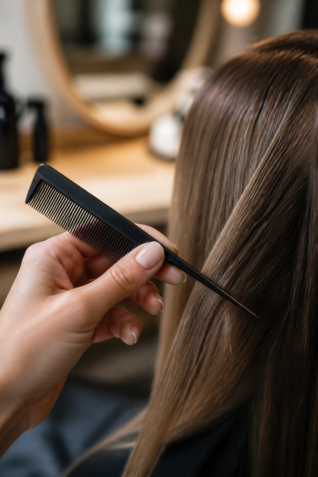 Close-up of a hand holding a tail comb in a salon setting