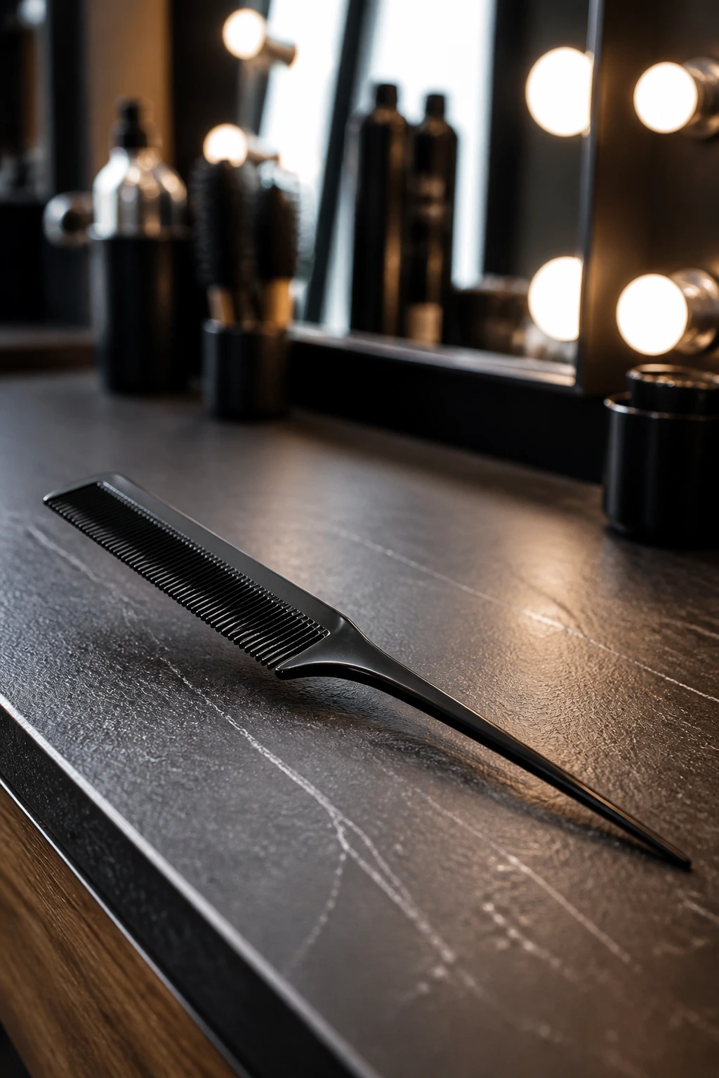 Close-up of a tail comb on a clean salon surface for styling and maintenance.