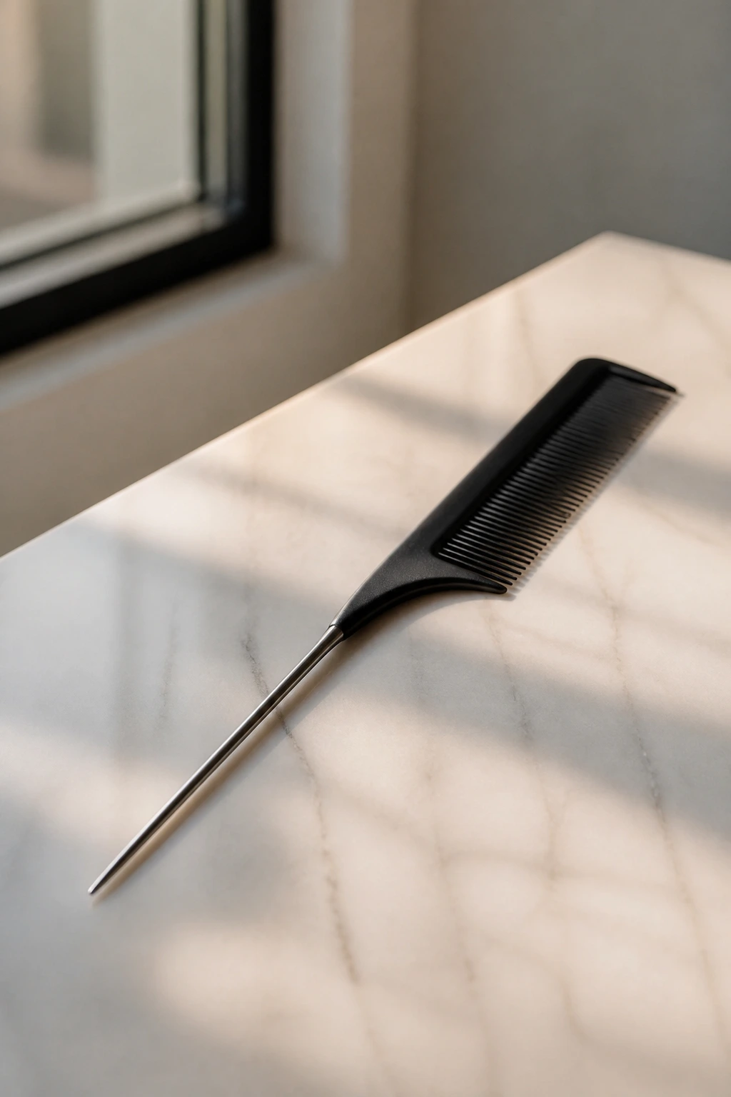 Close-up of a tail comb on a clean salon surface.