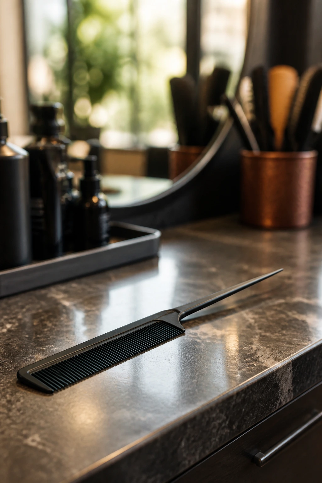 Close-up of a tail comb on a salon counter with natural light