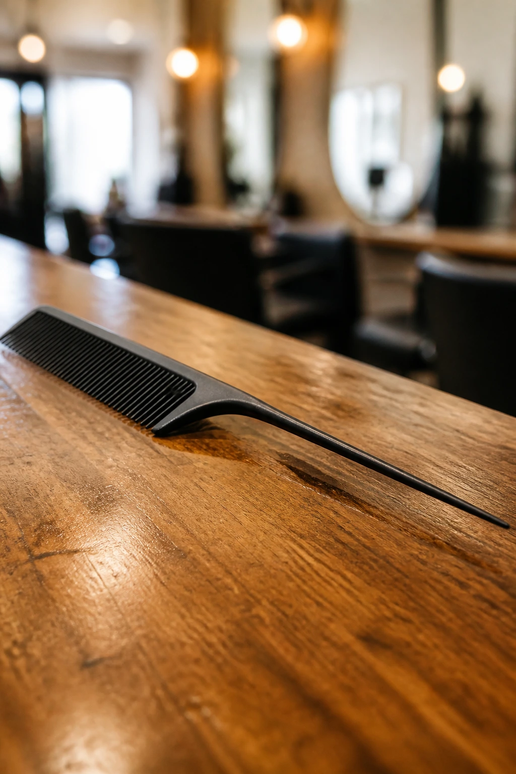 Close-up of a tail comb on a salon station
