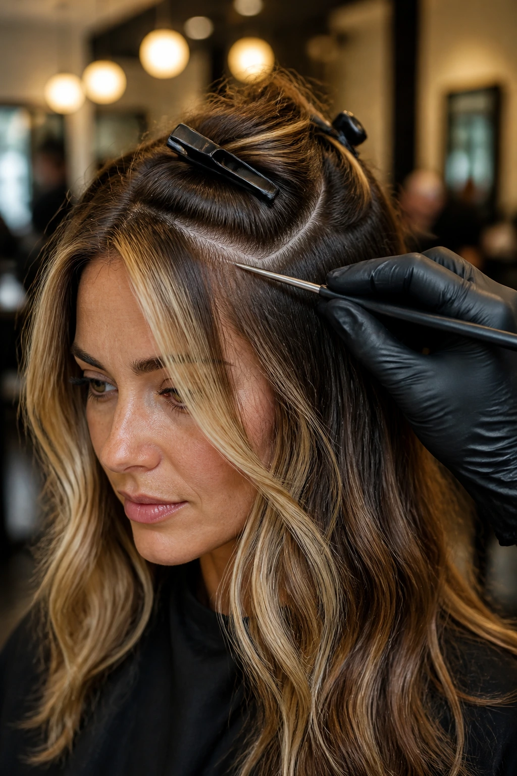 Close-up of a stylist's hand using a tail comb to section hair at the temple