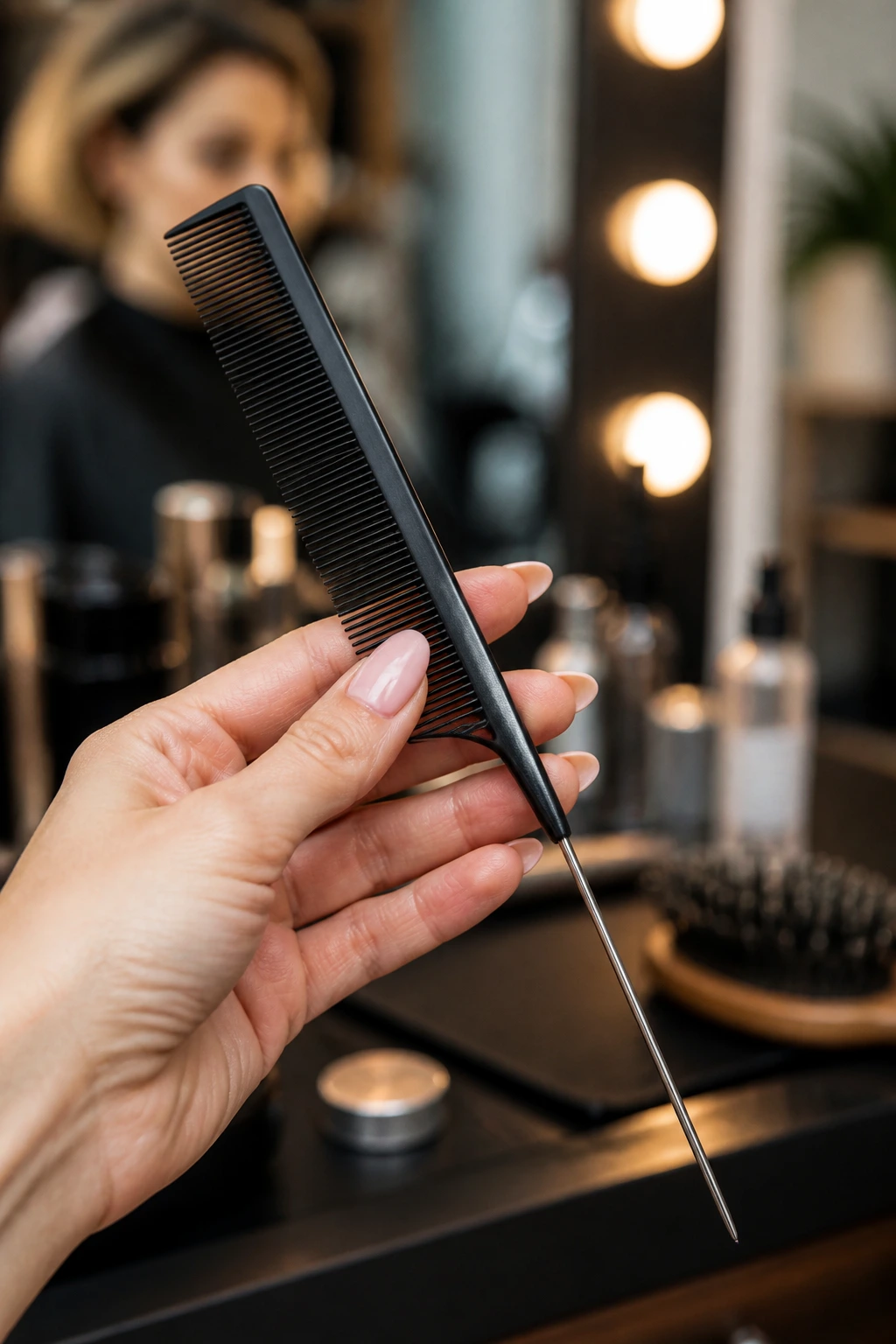 Close-up of hand holding a fine-tooth tail comb in hair styling context