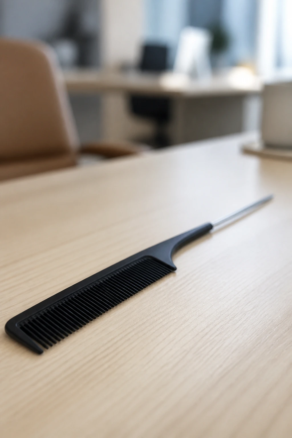 Close-up of a tail comb on a desk for office-ready styling