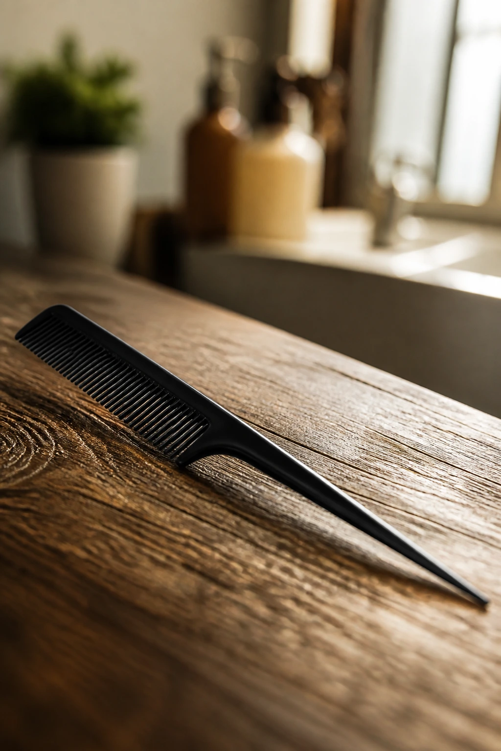 Close-up of a tail comb as an essential styling tool in a warm bathroom vanity setting