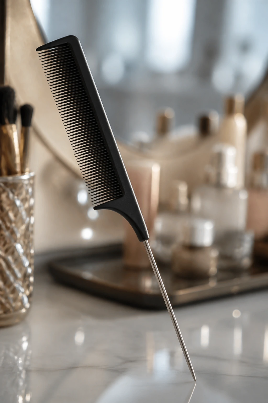 Close-up of a fine-tooth tail comb on a vanity illustrating essential tools for straight brunette looks