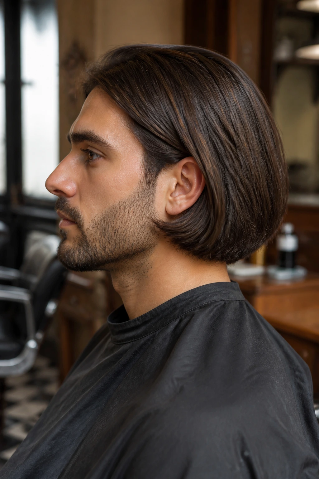 Side profile of man with tailored bob haircut in barbershop
