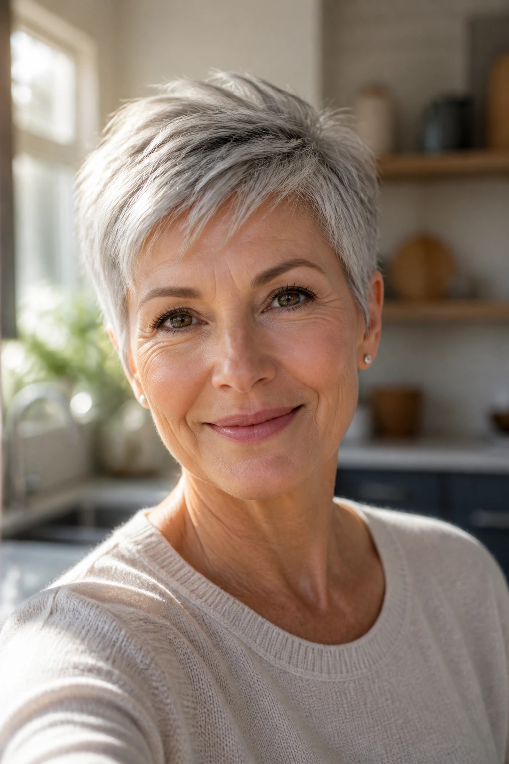 Close-up of a real woman with a tailored short cut in a sunlit kitchen