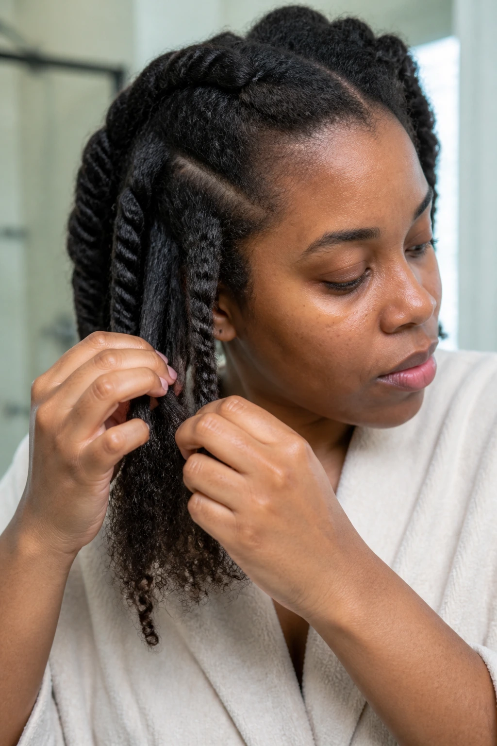Close-up of a person detangling a protective hairstyle slowly to avoid snapping ends.