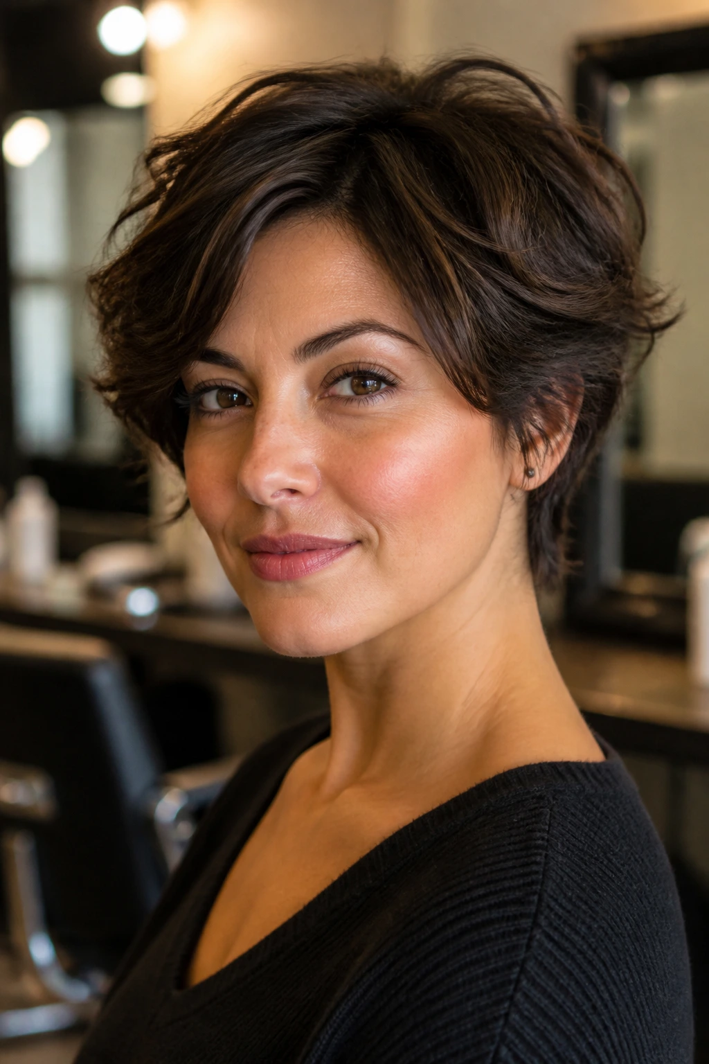 Close-up portrait of a real woman with a short thick hairstyle, calm expression in a salon setting