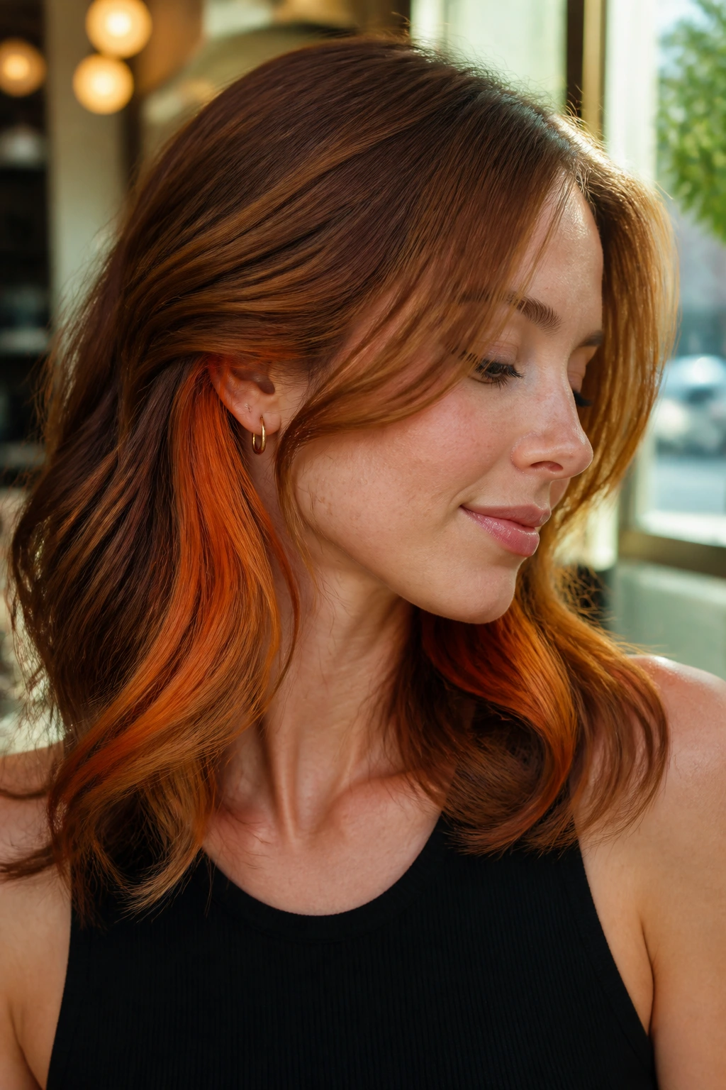 Close-up of hair with a hidden tangerine amber peekaboo peeking under the top layer on a real person