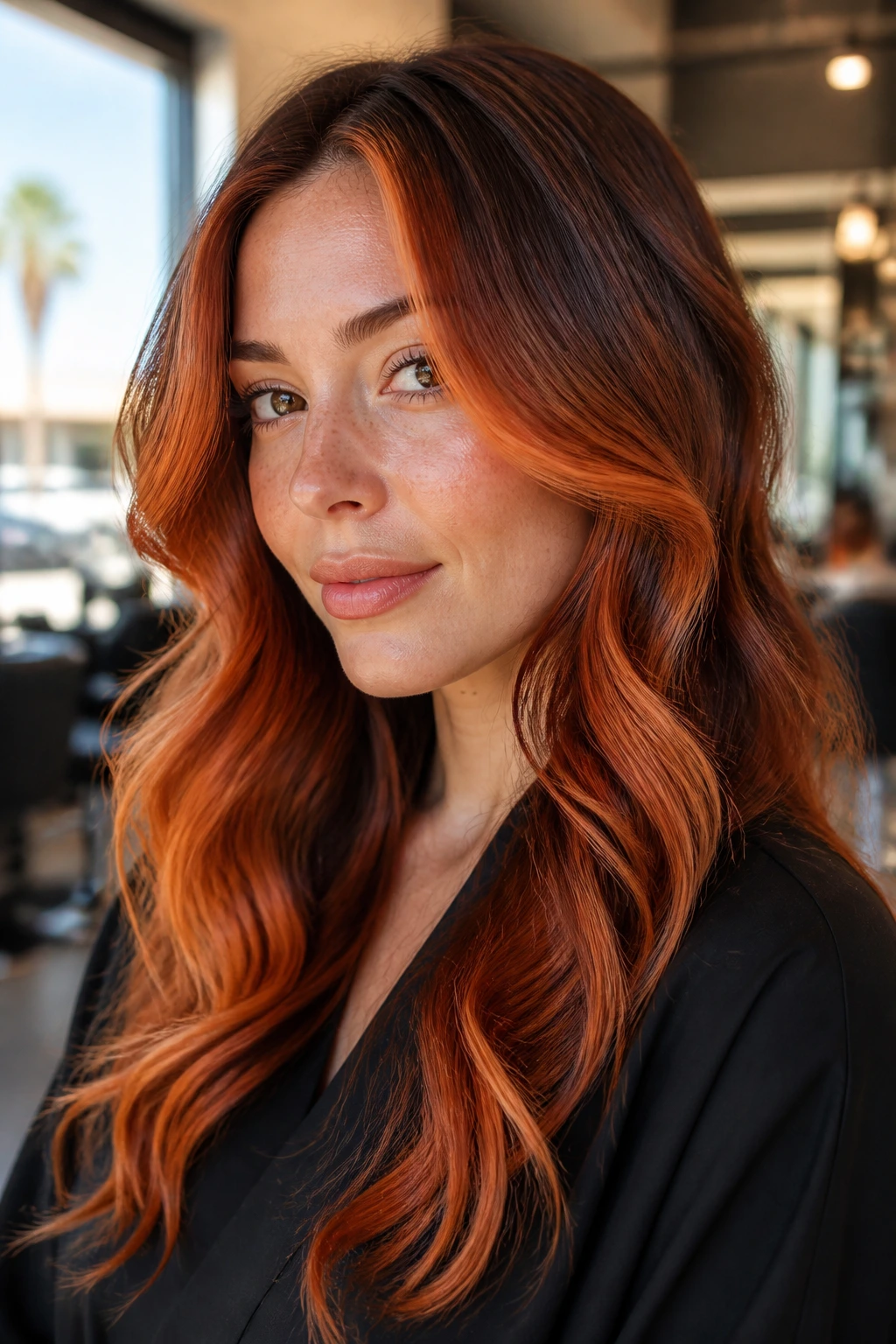 Close-up portrait of a real woman with vivid tangerine copper balayage around the hairline and face.